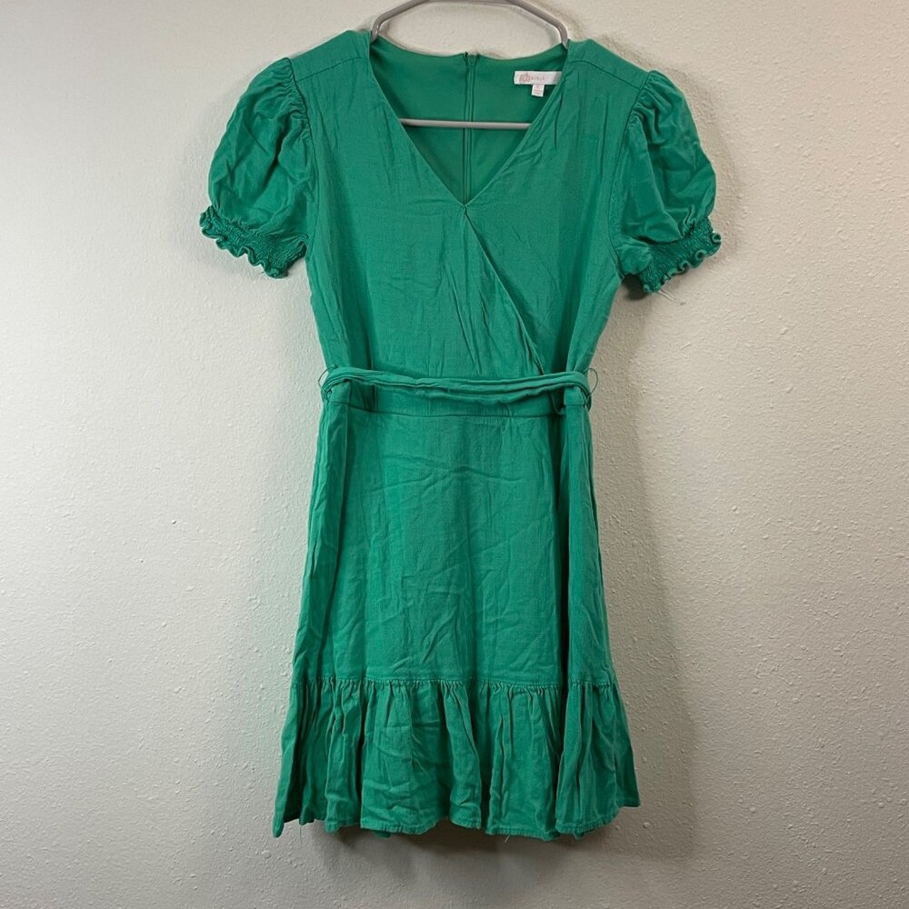 Girls Green Puff Sleeve Wrap Dress With Ruffled Hem & Belt by GB Girls - Picture 2 of 15